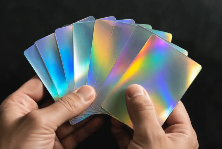 Hands holding holographic trading cards