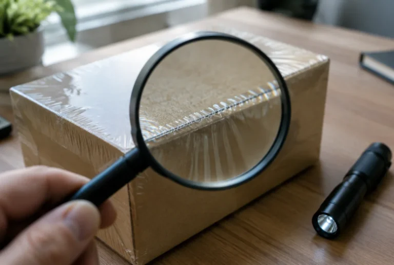 Magnifying glass over the seam of a sealed box