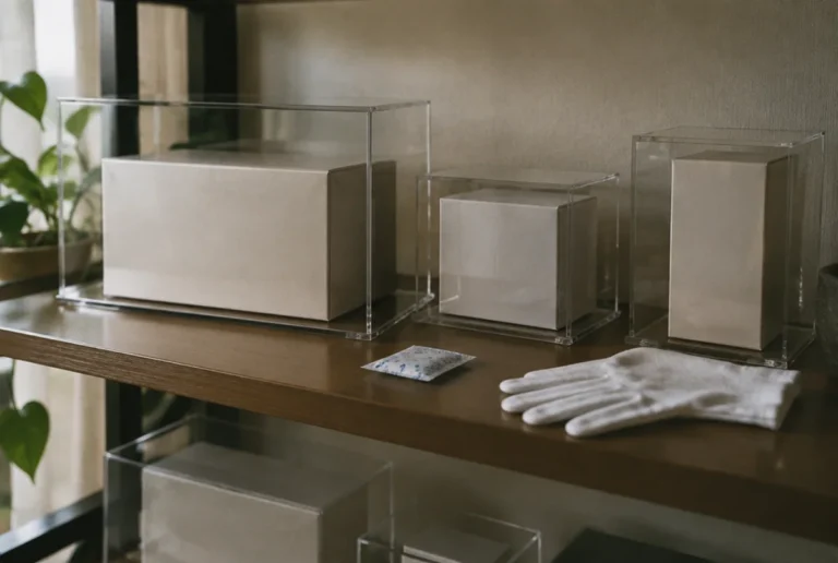 Sealed boxes in acrylic display cases on a shelf