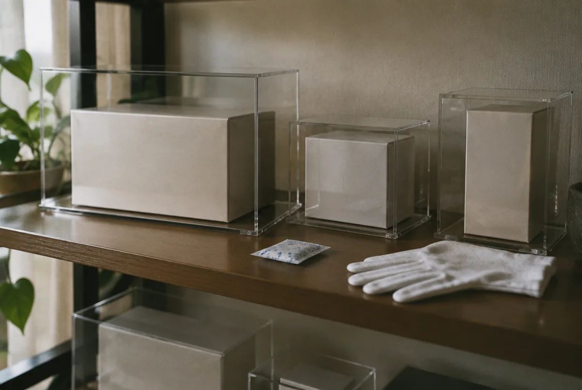 Sealed boxes in acrylic display cases on a shelf