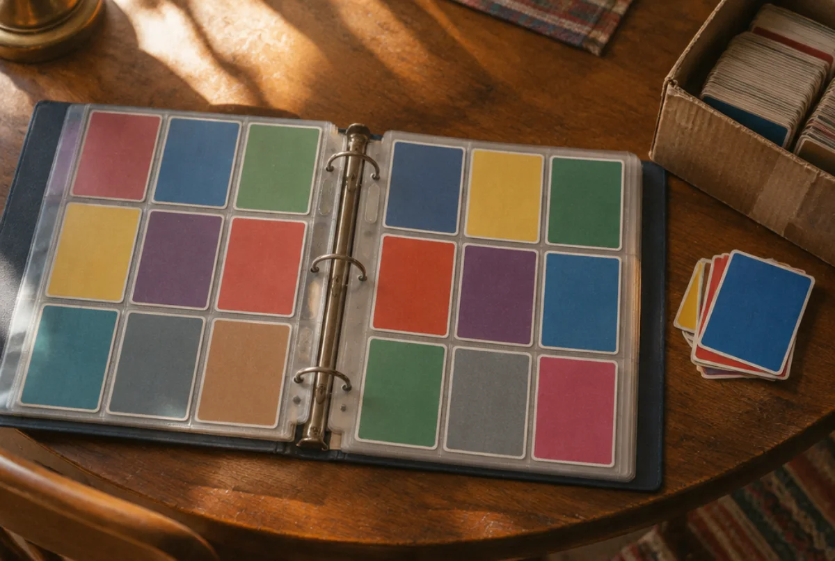 Vintage card binder open on a table